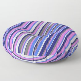[ Thumbnail: Orchid, Royal Blue, Light Gray, Midnight Blue & Dim Gray Colored Lined Pattern Floor Pillow ]