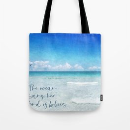 Beach Quote in Teal Aqua Turquoise Blue with Tropical Ocean Waves Tote Bag
