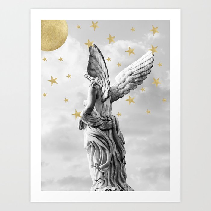 Black & White Marble Angel Starry Sky Moon Dream #1 #wall #art #society6 Art Print