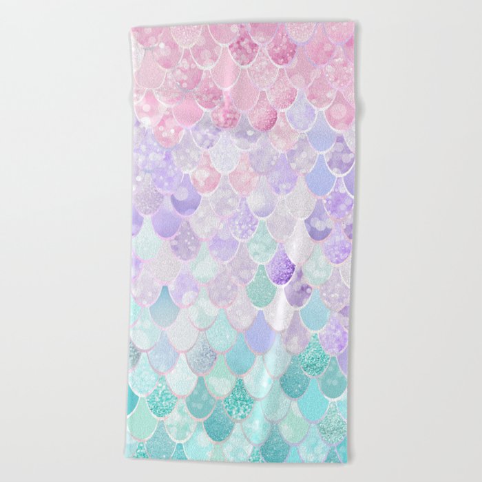 Cute Mermaid Pattern, Light Pink, Purple, Teal Beach Towel