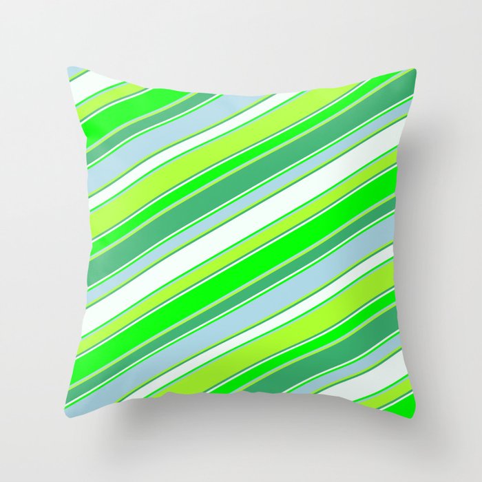 Colorful Sea Green, Mint Cream, Lime, Light Blue, and Light Green Colored Striped/Lined Pattern Throw Pillow