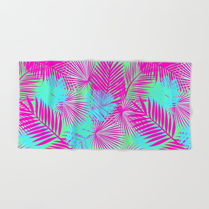 Neon Pink Blue Tropical Print Hand Bath Towel by Everett Co