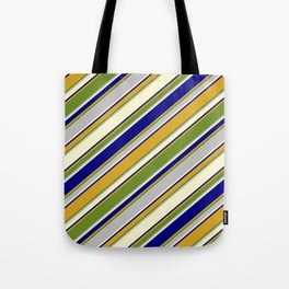 [ Thumbnail: Eyecatching Blue, Goldenrod, Green, Grey & Light Yellow Colored Pattern of Stripes Tote Bag ]