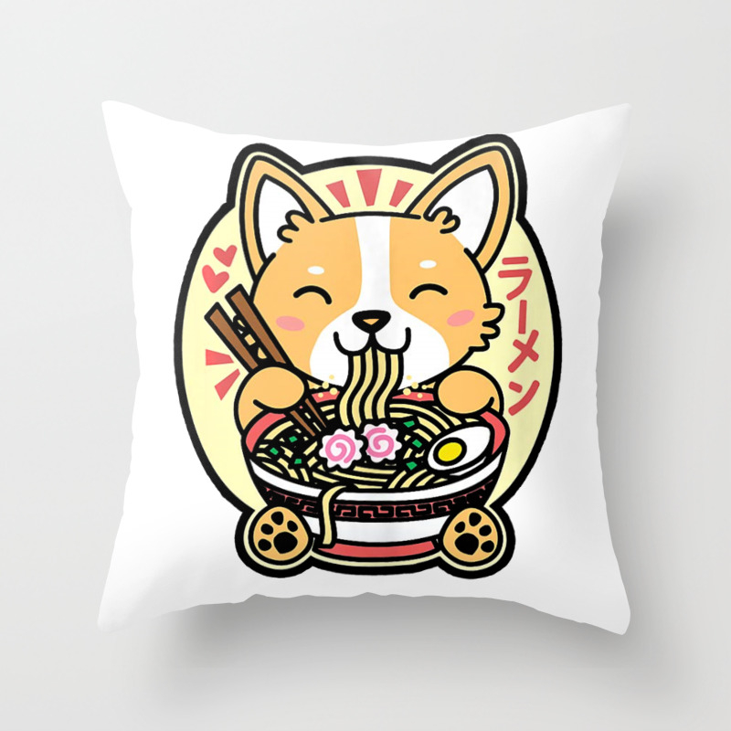 Kawaii Ramen Cute Anime Dog Corgi Japanese Noodles Throw Pillow By