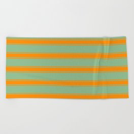 [ Thumbnail: Dark Sea Green & Dark Orange Colored Stripes/Lines Pattern Beach Towel ]