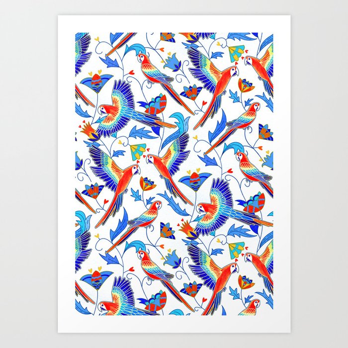 Gold Enamel Red Macaws - White  Art Print
