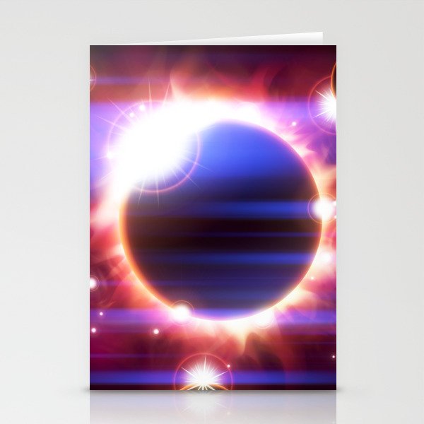 An outer space background with an eclipse, planets and stars.  Stationery Cards