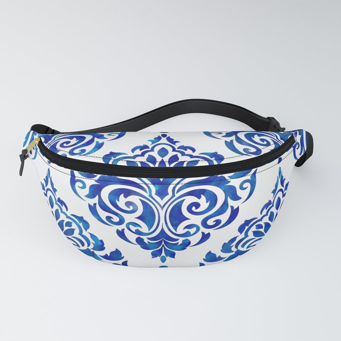 Blue and White Watercolor Damask Fanny Pack