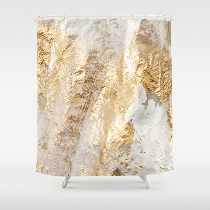 Modern White And Gold Brush Painted Background Texture, Unique Artistic Work Shower Curtain