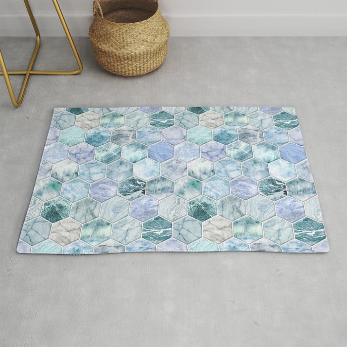 Ice Blue And Jade Stone And Marble Hexagon Tiles Rug By Micklyn Society6