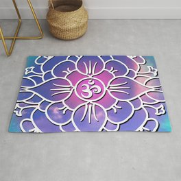 Yoga's Spiritual Om Mantra // Over Pink and Blue Colored Clouds Rug