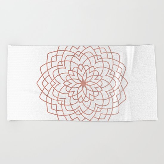Mandala Blossom Rose Gold on White Beach Towel