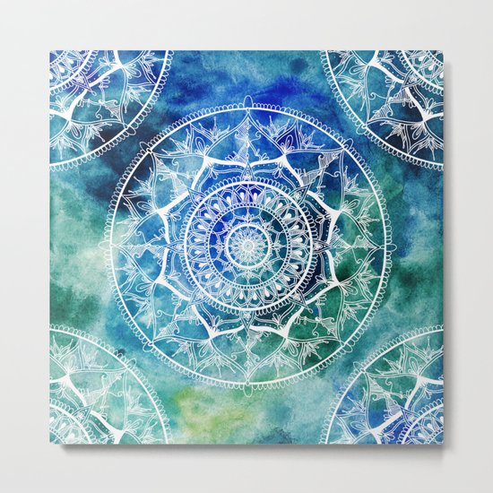 White Circle Mandala on Blue Watercolour Metal Print