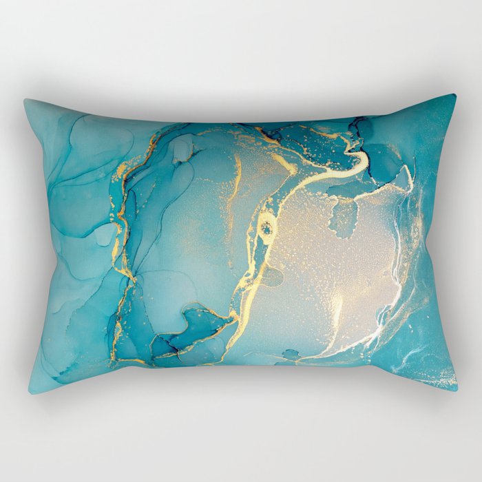 Aquamarine + Gold Abstract Hazy Swirl Rectangular Pillow