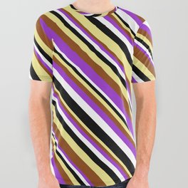 [ Thumbnail: Vibrant Tan, Brown, Dark Orchid, White & Black Colored Lines Pattern All Over Graphic Tee ]