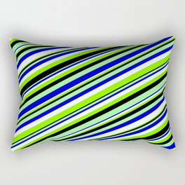 [ Thumbnail: Eyecatching Green, Blue, Mint Cream, Chartreuse, and Black Colored Lined/Striped Pattern Rectangular Pillow ]