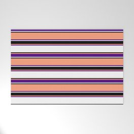 [ Thumbnail: Light Salmon, Indigo, White, and Black Colored Striped Pattern Welcome Mat ]