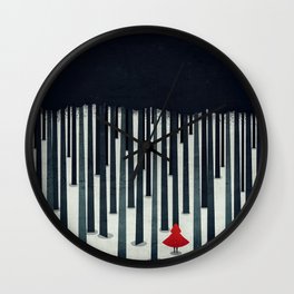 little hood in the snowy forest Wall Clock