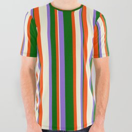 [ Thumbnail: Purple, Dark Green, Red & Beige Colored Pattern of Stripes All Over Graphic Tee ]