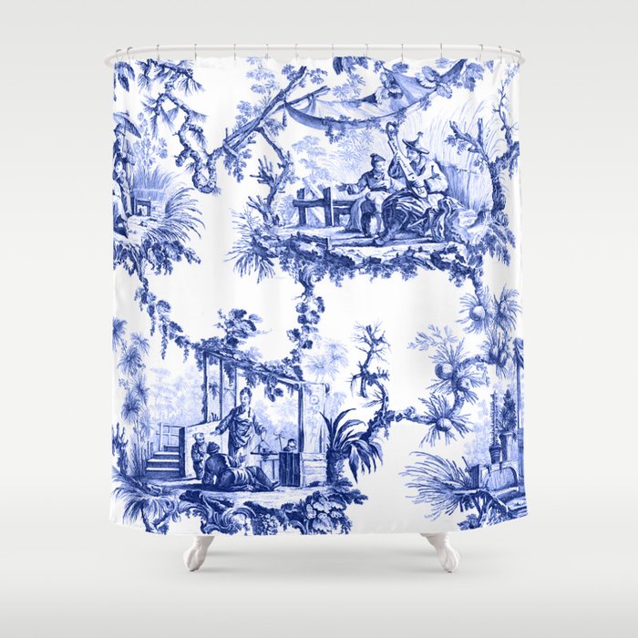 Blue Chinoiserie Toile Shower Curtain, Toile Shower Curtain