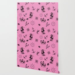 Pink And Black Silhouettes Of Vintage Nautical Pattern Wallpaper