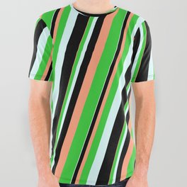 [ Thumbnail: Light Salmon, Lime Green, Light Cyan, and Black Colored Lines/Stripes Pattern All Over Graphic Tee ]