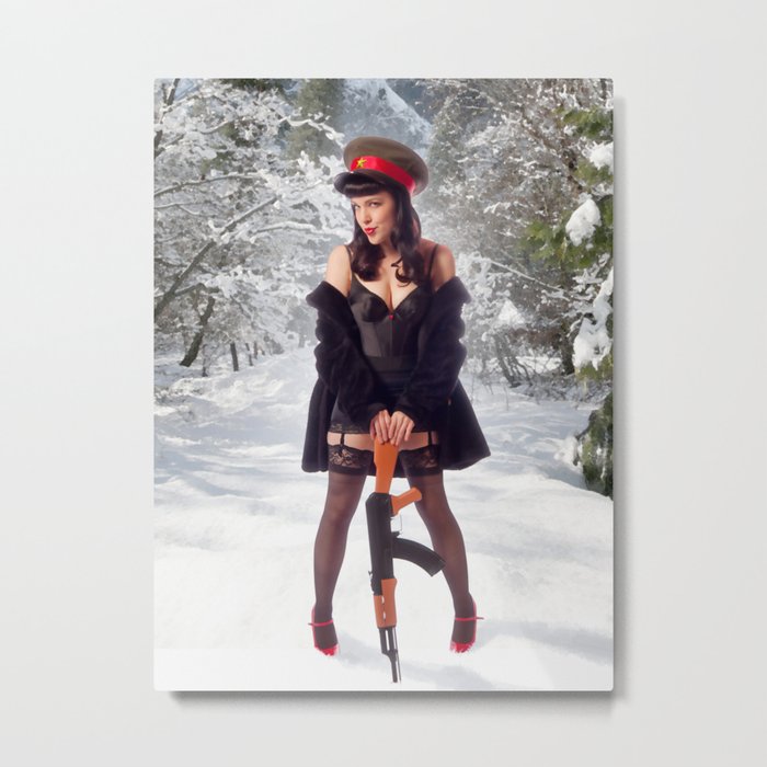 "Sovietsky on Ice" - The Playful Pinup - Russian Theme Pin-up Girl in Snow by Maxwell H. Johnson Metal Print