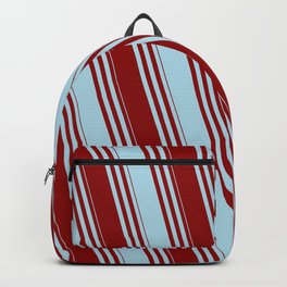 [ Thumbnail: Dark Red & Light Blue Colored Striped Pattern Backpack ]