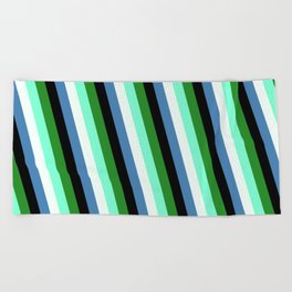 [ Thumbnail: Colorful Forest Green, Aquamarine, Mint Cream, Blue & Black Colored Stripes Pattern Beach Towel ]