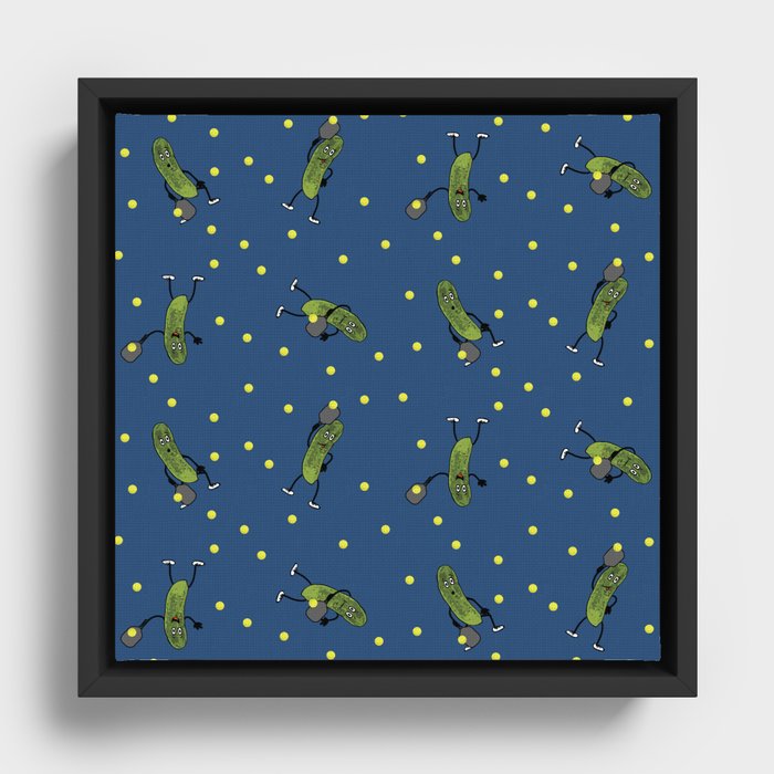 Pickle Pickleball players on blue.  Framed Canvas
