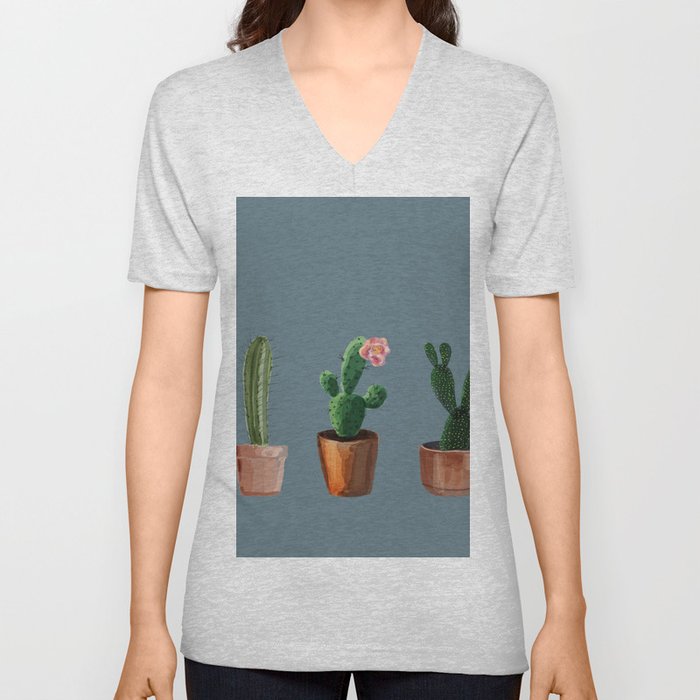 Three Cacti On Blue Background V Neck T Shirt