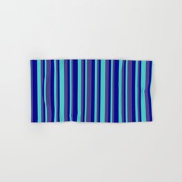 [ Thumbnail: Dark Blue, Dark Slate Blue & Turquoise Colored Pattern of Stripes Hand & Bath Towel ]