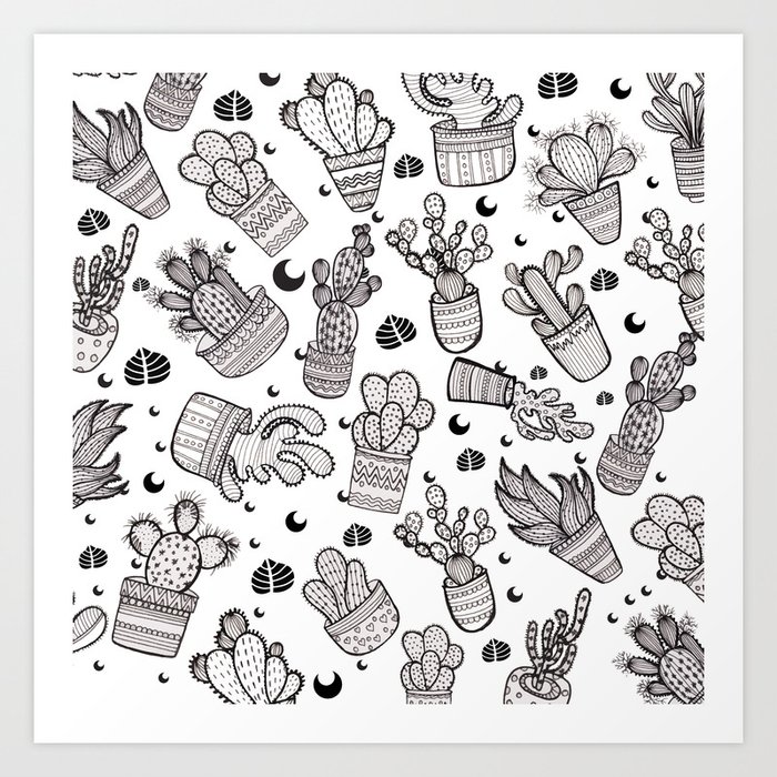 Black & White Cactus Pattern Art Print