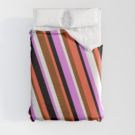 [ Thumbnail: Red, Brown, White, Violet & Black Colored Lined Pattern Duvet Cover ]