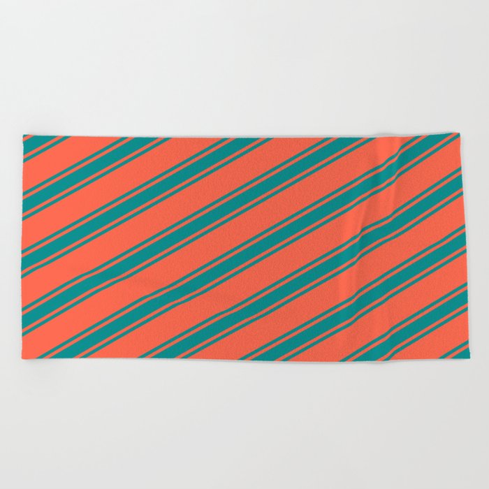 Red & Dark Cyan Colored Lined Pattern Beach Towel