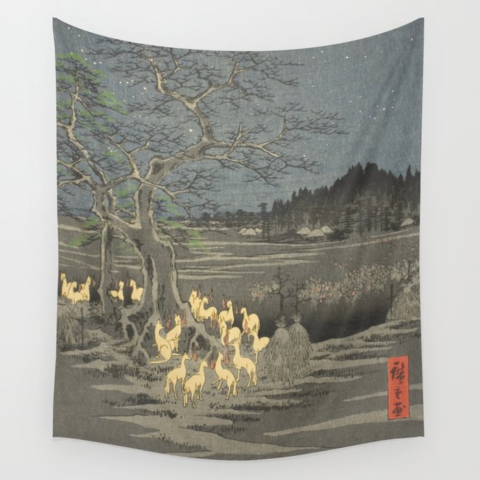 Utagawa Hiroshige - New Year's Eve, Foxfires At The Changing Tree, Oji - Vintage Japanese Woodblock Print Art, 1850's. Wall Tapestry