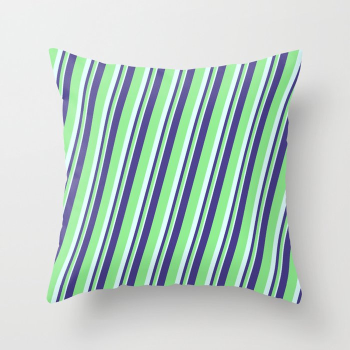 Dark Slate Blue, Light Green & Light Cyan Colored Lined Pattern Throw Pillow