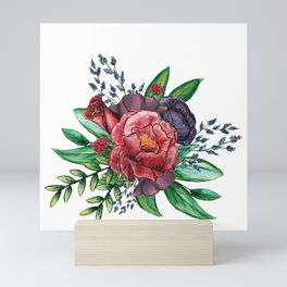 Watercolor Red and Purple Flower Bouquet Arrangement Mini Art Print