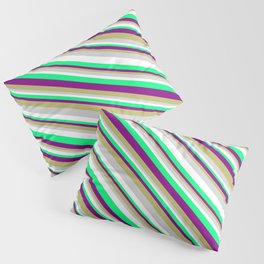 [ Thumbnail: Eye-catching Purple, Dark Khaki, Light Gray, White & Green Colored Lined Pattern Pillow Sham ]