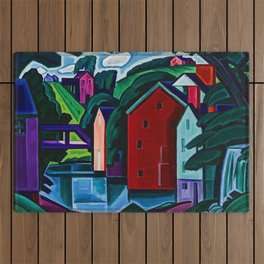 New England colorful riverside 19th century village amid rolling hills landscape wall painting by Oscar Bluemner Outdoor Rug