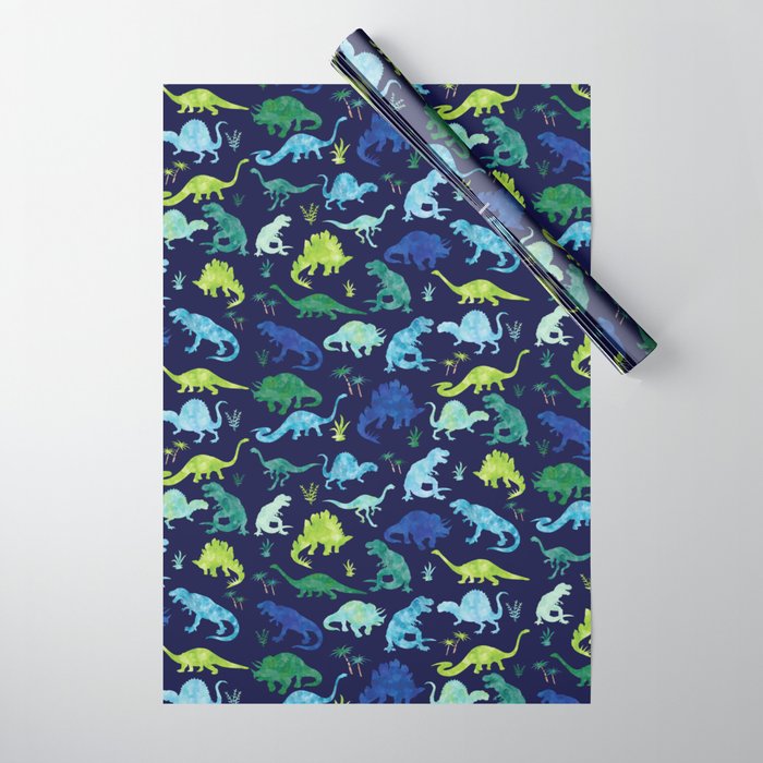 Watercolor Dinosaur Blue Green Dino Pattern Wrapping Paper