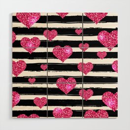 Black Stripes and Pink Hearts | Glitter Chic Pattern 09 Wood Wall Art