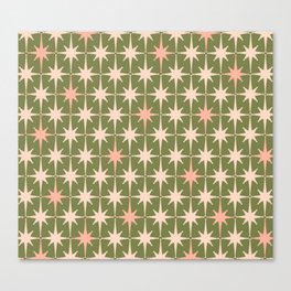 Midcentury Modern Atomic Starburst Pattern in Retro Olive Green and Vintage Blush Pink Canvas Print