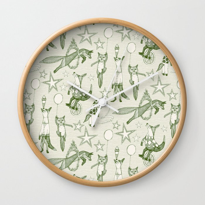 foxy circus green ivory Wall Clock