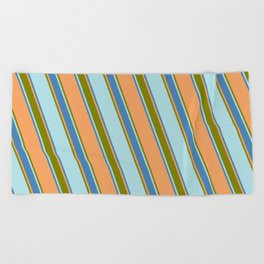 [ Thumbnail: Brown, Green, Powder Blue & Blue Colored Stripes Pattern Beach Towel ]