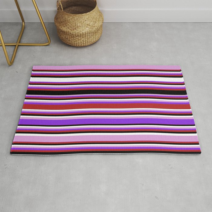 Eyecatching Plum, Purple, Red, Black & White Colored Lines/Stripes Pattern Rug