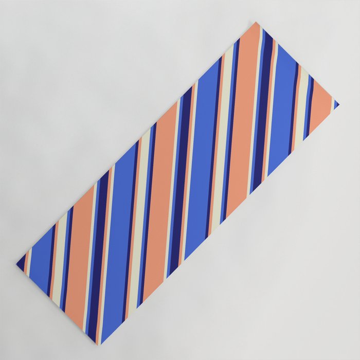 Light Salmon, Beige, Royal Blue & Midnight Blue Colored Stripes/Lines Pattern Yoga Mat