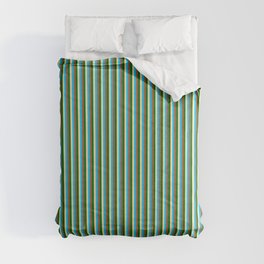 [ Thumbnail: Pale Goldenrod, Deep Sky Blue, Sienna & Dark Green Colored Lined/Striped Pattern Comforter ]