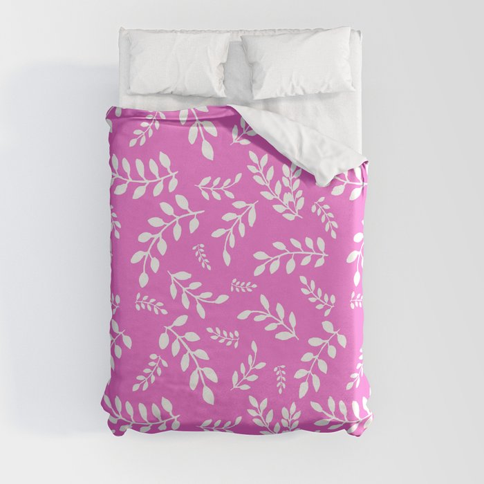 White Leaves on a Rose Pink background Duvet Cover