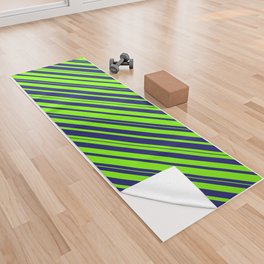 [ Thumbnail: Chartreuse & Midnight Blue Colored Striped/Lined Pattern Yoga Towel ]